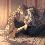  1boy 1girl alternate_hairstyle bed_sheet black_kimono curtains eye_contact female_my_unit_(fire_emblem_if) fire_emblem fire_emblem_if grey_kimono indoors japanese_clothes kimono long_hair looking_at_another mooncanopy my_unit_(fire_emblem_if) on_bed on_shoulder open_mouth orange_eyes parted_lips pointy_ears red_eyes shiny shiny_hair silver_hair takumi_(fire_emblem_if) very_long_hair wrist_grab 