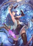  1girl :o animal_ears arm_up armpits backless_dress backless_outfit bangs bare_shoulders belt black_gloves black_legwear blue_hair breastplate breasts brown_eyes bunny_ears chain commentary_request dress ear_piercing elbow_gloves erune ferry_(granblue_fantasy) frilled_dress frilled_gloves frills gloves granblue_fantasy hair_between_eyes highres jewelry long_hair looking_at_viewer loose_belt open_mouth piercing skirt sleeveless sleeveless_dress small_breasts solo thighhighs very_long_hair wasabi60 wavy_hair weapon whip white_dress 