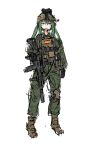  1girl animal_ears assault_rifle black_gloves boots bulletproof_vest camouflage gloves green_hair gun h&amp;k_g36 helmet highres holding holding_gun holding_weapon load_bearing_vest magazine_(weapon) military night_vision_device optical_sight original rabbit_ears red_eyes rennn_(ilobeste) rifle sketch smile spain spanish_flag suppressor tactical_clothes teeth weapon white_background 