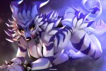 amber_eyes anthro anthrofied bandai_namco big_breasts bikini breasts canid canine chain_collar claws clothed clothing collar digimon digimon_(species) female fur garurumon kiliankuro mammal purple_body purple_fur solo spiked_collar spikes swimwear tail white_body white_fur