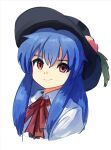  1girl black_headwear blue_hair closed_mouth collared_shirt commentary_request cropped_torso happy highres hinanawi_tenshi leaf long_hair looking_at_viewer neck_ribbon peach_hat_ornament plus2sf puffy_short_sleeves puffy_sleeves red_eyes red_ribbon ribbon shirt short_sleeves sidelocks simple_background smile solo touhou very_long_hair white_background white_shirt 