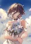  1girl bare_arms black_choker blue_eyes blue_flower blue_sky bouquet brown_hair chainsaw_man character_request choker closed_mouth cloud cloudy_sky collared_shirt commentary_request crossed_arms day floating_hair flower hair_between_eyes highres holding holding_bouquet kita_(kitairoha) lily_(flower) long_hair looking_at_viewer low_ponytail outdoors petals shirt sky sleeveless sleeveless_shirt smile solo upper_body watermark weibo_logo weibo_username white_flower white_shirt 