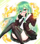  1girl :d black_jacket black_necktie black_skirt black_thighhighs blush collared_shirt commission copyright_request dress_shirt fang feet_out_of_frame fire green_eyes green_hair hair_between_eyes hand_on_headphones hands_up headphones headphones_around_neck highres hood hood_down hooded_jacket jacket knees_together_feet_apart long_hair long_sleeves necktie open_clothes open_jacket pleated_skirt puffy_long_sleeves puffy_sleeves pyrokinesis red-framed_eyewear semi-rimless_eyewear shikito shirt skeb_commission skirt sleeves_past_wrists smile solo thighhighs under-rim_eyewear v-shaped_eyebrows very_long_hair white_shirt 
