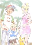  baseball_cap blonde_hair green_eyes hat highres if_they_mated li_(lithium0522) lillie_(pokemon) pikachu pink_shirt pokemon pokemon_(anime) pokemon_sm_(anime) pregnant satoshi_(pokemon) shirt stiped_shirt 