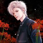  1boy 2019 black_jacket commentary ear_piercing earrings eyebrow_piercing flower from_side jacket jewelry male_focus original parted_lips piercing portrait red_eyes signature solo upper_body vrekx_x white_hair 