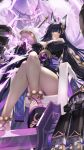  1girl animal_ear_fluff animal_ears azur_lane bare_shoulders black_hair breasts cleavage crossed_legs facial_mark fox_ears fox_girl gainoob hair_ornament highres japanese_clothes jewelry katana kimono large_breasts long_hair looking_at_viewer musashi_(azur_lane) necklace sitting solo sword tail thighs very_long_hair weapon yellow_eyes 
