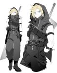  1boy arm_belt belt blonde_hair blue_eyes bright_pupils buster_sword closed_mouth cloud_strife cropped_legs duoj_ji expressionless final_fantasy final_fantasy_vii final_fantasy_vii_remake full_body gloves hands_in_pockets highres huge_weapon jacket looking_at_viewer male_focus multiple_views pants short_hair signature simple_background sketch spiked_hair spot_color standing strap sword sword_on_back thigh_belt thigh_strap weapon weapon_on_back white_background white_pupils zipper zipper_pull_tab 