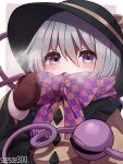  1girl artist_name black_headwear brown_mittens checkered_clothes checkered_scarf green_eyes green_hair highres jacket komeiji_koishi looking_at_viewer mittens purple_scarf scarf soesoe300 solo touhou two-tone_scarf winter_clothes yellow_jacket yellow_scarf 