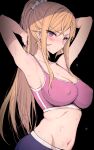  1girl armpits arms_up bare_arms bare_shoulders black_background blonde_hair blush breasts cleavage closed_mouth collarbone covered_nipples hair_ornament hair_scrunchie haoni highres large_breasts long_hair looking_at_viewer nakiri_erina navel pants pink_sports_bra ponytail purple_eyes purple_pants scrunchie shokugeki_no_souma sidelocks simple_background sports_bra stomach sweat white_scrunchie 