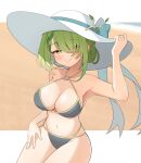  1girl absurdres bakedmonogamy beach bikini black_bikini blush braid branch breasts ceres_fauna cowboy_shot green_hair hair_bun hand_on_own_thigh hat hat_ribbon highres hololive hololive_english large_breasts looking_at_viewer navel o-ring o-ring_bikini ocean off_shoulder ribbon seductive_smile smile swimsuit white_background yellow_eyes 