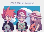  1girl 2boys animal_hug anniversary baseball_cap black_shirt black_wristband blue_eyes blue_oak blue_shirt blush_stickers brown_eyes brown_hair bulbasaur charmander collared_shirt commentary copyright_name day english_text fang hands_up hat high_collar highres holding holding_pokemon jacket jewelry leaf_(pokemon) light_smile long_hair looking_at_another looking_down looking_up mgomurainu multiple_boys necklace open_mouth orange_hair outdoors pendant pokemon pokemon_(creature) pokemon_frlg red_(pokemon) red_eyes red_headwear shirt short_hair short_sleeves sleeveless sleeveless_shirt smile spiked_hair squirtle sun_hat turtle upper_body white_headwear 