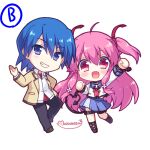  1boy 1girl :d ahoge angel_beats! arm_up black_footwear black_pants blue_eyes blue_hair blue_sailor_collar blue_skirt blush brown_footwear chibi chibi_only clenched_hands collared_shirt commentary_request demon_tail excited fake_tail fang grin hair_between_eyes hand_on_own_hip hand_up heart heart_tail hinata_hideki jacket kousetsu light_blush long_hair long_sleeves looking_at_viewer miniskirt open_mouth pants pink_eyes pink_hair pleated_skirt sailor_collar shinda_sekai_sensen_uniform shirt short_hair signature simple_background skirt smile standing tail thigh_strap two_side_up very_long_hair white_background white_shirt yellow_jacket yui_(angel_beats!) 
