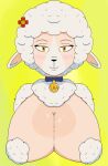 absurd_res accessory anthro anuvisur_(artist) big_breasts blush bovid breasts caprine collar collar_only digital_media_(artwork) domestic_sheep female flower fur hair happy hi_res huge_breasts looking_at_viewer mammal nipple_covers nude plant sha_(twf) sheep simple_background smile smiling_at_viewer solo the_walten_files wet_breasts white_body white_fur wool_(fur) yellow_eyes