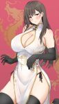  1girl bare_shoulders black_gloves black_thighhighs blush breasts china_dress chinese_clothes cleavage cleavage_cutout clothing_cutout dragon_print dress elbow_gloves gloves highres large_breasts long_hair looking_at_viewer mobu original pelvic_curtain side_slit solo thighhighs white_dress 