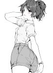  1girl arm_behind_head ass blush breasts collared_shirt dress_shirt food hand_up hibike!_euphonium highres looking_at_viewer looking_back mokufuu monochrome oumae_kumiko parted_lips ponytail puffy_short_sleeves puffy_sleeves shirt short_shorts short_sleeves shorts simple_background small_breasts solo sweets watch white_background wristwatch 