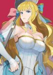  1girl alternate_costume armpits bare_shoulders blonde_hair blue_eyes bow breasts bridal_gauntlets charlotte_(fire_emblem_if) cleavage collarbone cowboy_shot dress expressionless eyebrows_visible_through_hair fire_emblem fire_emblem_heroes fire_emblem_if flower gloves hair_bow hair_flower hair_ornament hand_on_hip highres kyufe large_breasts lips long_hair looking_at_viewer oversized_object red_background simple_background solo spoon wedding_dress white_dress white_gloves 