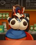 anthro beverage big_breasts bottomwear breasts canid canine clothed clothing coffee coffee_shop container cup detailed_background digital_media_(artwork) ear_piercing ear_ring ejaculation exposed_breasts female fox fur grin hair hands-free hi_res huge_breasts kate_(fennythefox) lonbluewolf looking_at_viewer mammal nipples nude opening_shirt piercing red_fox ring_piercing shirt smile solo tail thick_thighs topwear uniform wide_hips