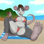  1:1 4_toes anthro beach bikini blush breasts cici claws clothed clothing feet female foot_focus fur hi_res knotvalid looking_at_viewer mammal mouse murid murine navel open_mouth outside paws rockabilly rodent seaside solo surprise swimwear toe_claws toes water 