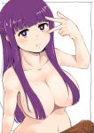  1girl :t absurdres blunt_bangs blush breasts closed_mouth collarbone commentary_request completely_nude fern_(sousou_no_frieren) hand_up highres kuboshun large_breasts long_hair looking_at_viewer mole mole_on_breast navel nipples nude pout purple_eyes purple_hair solo sousou_no_frieren upper_body v 