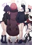  4girls ? aru_(blue_archive) ass black_hair blue_archive coat egg_vibrator facing_away from_behind fur-trimmed_coat fur_trim garrison_cap grey_hair halo haruka_(blue_archive) hat highres holster kayoko_(blue_archive) kneepits multiple_girls mutsuki_(blue_archive) panties panty_pull pink_hair problem_solver_68_(blue_archive) purple_hair pussy_juice sex_toy short_hair side_ponytail skirt_caught_on_object spoken_question_mark thigh_holster tile_floor tiles underwear upskirt v vibrator white_hair white_panties xiao_jian 