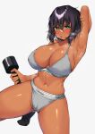 1girl absurdres arm_behind_head arm_up armpits black_hair black_socks blush bob_cut breasts calvin_klein cameltoe cleavage clothes_writing commentary_request dark-skinned_female dark_skin frown girls_und_panzer green_eyes grey_background grey_panties grey_sports_bra half-closed_eyes highres holding_dumbbell hoshino_(girls_und_panzer) kshimu large_breasts navel open_mouth panties partial_commentary short_hair simple_background socks solo sports_bra sports_panties squatting steam sweat underwear 