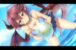  1girl ball bikini blush breasts commentary_request dragon_girl dragon_horns dragon_tail dragon_wings granblue_fantasy grea_(shingeki_no_bahamut) horns keepvalley large_breasts letterboxed looking_at_viewer manaria_friends navel pointy_ears purple_hair red_eyes shingeki_no_bahamut short_hair simple_background skirt solo swimsuit tail water wings 