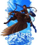  1boy ankle_cuffs arm_guards armor arrow_(symbol) bandaged_fingers bandages blonde_hair blue_sky blue_wings bow_(weapon) braid braided_ponytail brown_hair brown_wings centaur dagger drawing_bow earrings facepaint facial_mark feathered_wings floating_hair full_body hand_up highres holding holding_bow_(weapon) holding_weapon japanese_armor japanese_clothes jewelry jumping knife long_hair looking_back male_focus mismatched_wings mountain multicolored_tail outside_border outstretched_arm pixiv_genealogy_of_life pointy_ears profile quiver sash short_sleeves single_braid sky snow solo tail tassel taur very_long_hair watari_taichi weapon wings 