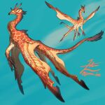  animal_focus beak blue_background chimera claws commentary_request creature feathered_wings flying full_body giraffe highres hooves horns multiple_views no_humans original signature simple_background tail twitter_username wings yamamura_le 