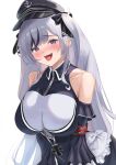  1girl absurdres azur_lane bare_shoulders beret black_dress black_headwear blush breasts dress elbe_(azur_lane) frills hat highres large_breasts long_hair looking_at_viewer multicolored_hair open_mouth peaked_cap purple_eyes remapack77 solo streaked_hair tongue tongue_out upper_body very_long_hair white_hair 