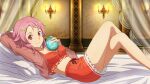  1girl arm_behind_head bare_legs bed_sheet bra breasts candelabra candlestand cleavage closed_mouth crossed_legs curtains freckles frilled_shorts frills game_cg hair_ornament hairclip highres holding indoors lisbeth_(sao) looking_at_viewer lying medium_breasts medium_hair official_art on_back orange_bra orange_shorts pillow pink_hair red_eyes sash short_shorts shorts sleepwear smile solo sword_art_online sword_art_online_last_recollection underwear 