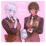  2girls apron black_gloves black_shirt brown_apron brown_eyes brown_hair brown_vest closed_mouth collared_shirt cup faust_(project_moon) glasses gloves highres holding holding_cup holding_teapot huyj_cl limbus_company medium_hair multiple_girls necktie outis_(project_moon) project_moon shirt smile teacup teapot upper_body vest white_hair yellow_necktie 
