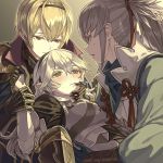  1girl 2boys black_gloves black_hairband blonde_hair brown_eyes eye_contact female_my_unit_(fire_emblem_if) fire_emblem fire_emblem_if gloves hair_ribbon hairband leon_(fire_emblem_if) long_hair looking_at_another lying mooncanopy multiple_boys my_unit_(fire_emblem_if) on_back pointy_ears ponytail red_eyes red_ribbon ribbon short_hair silver_hair sweatdrop takumi_(fire_emblem_if) upper_body wrist_grab 