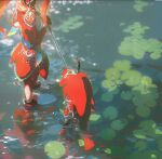  1boy 1girl aged_down colored_skin fins fish_boy fish_girl head_tail headgear highres holding holding_polearm holding_weapon lily_pad mipha monster_boy monster_girl nature polearm pond red_skin redum4 reflection ripples sidon the_legend_of_zelda the_legend_of_zelda:_breath_of_the_wild water weapon zora 