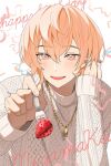  1boy blush cable_knit character_name food fork fruit gold_necklace happy_birthday highres holding holding_fork jewelry kikirkt looking_at_viewer male_focus miyama_kei necklace open_mouth orange_eyes orange_hair paradox_live short_hair smile solo strawberry sweater teeth white_sweater 