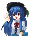  1girl :d back_bow black_headwear blue_bow blue_hair bow bowtie center_frills collared_shirt commentary_request frills hand_on_headwear hinanawi_tenshi leaf long_hair peach_hat_ornament plus2sf puffy_short_sleeves puffy_sleeves red_bow red_bowtie red_eyes shirt short_sleeves sidelocks simple_background smile solo touhou upper_body very_long_hair waist_bow white_background white_shirt 
