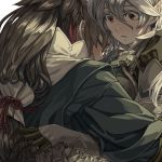  1boy 1girl black_gloves brown_hair female_my_unit_(fire_emblem_if) fire_emblem fire_emblem_if gloves grey_kimono hair_between_eyes japanese_clothes kimono long_hair mooncanopy my_unit_(fire_emblem_if) open_mouth pointy_ears red_eyes silver_hair takumi_(fire_emblem_if) upper_body 