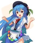  1girl :d apron back_bow blue_bow blue_hair blue_skirt bow bowtie clenched_hand collared_shirt commentary_request cowboy_shot frilled_skirt frills happy hinanawi_tenshi long_hair miniskirt peach_hat_ornament plus2sf puffy_short_sleeves puffy_sleeves rainbow_order red_bow red_bowtie red_eyes shirt short_sleeves simple_background skirt smile solo touhou upper_body very_long_hair waist_apron waist_bow white_apron white_background white_shirt 