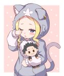  1girl animal_ears animal_hood beatrice_(re:zero) blonde_hair blue_eyes blush border butterfly-shaped_pupils cat_ears cat_hood cat_tail commentary_request cosplay drooling ear_piercing grey_hoodie hand_on_own_face holding hood hoodie long_sleeves mouth_drool natsuki_subaru one_eye_closed open_mouth outside_border parted_bangs piercing pink_background puck_(re:zero) puck_(re:zero)_(cosplay) re:zero_kara_hajimeru_isekai_seikatsu rubbing_eyes s_(hdru2332) sidelocks sleepy solo stuffed_toy symbol-shaped_pupils tail white_border 