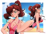  absurdres barefoot beach bishoujo_senshi_sailor_moon blue_sky blush breasts brown_hair cloud cloudy_sky earrings fritz_willie green_eyes highres jewelry kino_makoto legs navel one-piece_swimsuit sand sky smile swimsuit water 