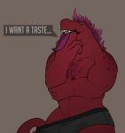  anthro clothed clothing dialogue english_text hair hi_res male muscular muscular_male scalie simple_background solo text tongue tongue_out zomacaius 