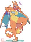  absurd_res blue_sclera breasts charizard dragon fangs female hi_res nintendo norithecat orange_scales patreon pok&eacute;mon pok&eacute;mon_(species) pussy reptile scales scalie showering simple_background solo url video_games white_background yellow_scales 