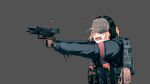  1girl armband backpack bag baseball_cap blonde_hair commentary ear_protection escape_from_tarkov gloves gun handgun hat highres holding holding_gun holding_weapon houtinti load_bearing_vest open_mouth original pistol simple_background solo weapon 