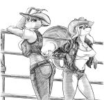 absurd_res anthro black_and_white bottomwear bovid breasts butt canid canine caprine cleavage clothed clothing cowboy cowboy_hat cowgirl_outfit crop_top cutoffs daisy_dukes denim denim_bottomwear denim_clothing female female/female fox francisthefurry goat hat headgear headwear hi_res hotpants humanoid jacket jeans kristina_(francisthefurry) lauren_(francisthefurry) leather leather_clothing leather_jacket leather_topwear looking_at_viewer looking_back mammal midriff monochrome pants shirt shorts sketch tail tight_bottomwear tight_clothing topwear vest western western_clothing