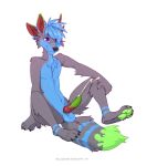  2019 ailuranthropy anthro balls blue_fur blue_hair canid canine fur green_pawpads grey_fur hair knot male mammal pawpads penis purple_eyes simple_background sitting solo white_background 