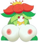2016 areola big_breasts blush breasts crown elemental_creature elemental_humanoid female flora_fauna flower generation_5_pokemon green_hair hair headgear hi_res holding_breast huge_breasts humanoid jcdr lilligant nintendo nipples non-mammal_nipples orange_eyes plant plant_humanoid pokemon pokemon_(species) smile solo white_body