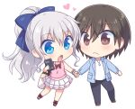  1boy 1girl :o blue_bow blue_eyes blush bow bowtie brown_eyes brown_hair casual charlotte_(anime) chibi chibi_only closed_mouth commentary couple eyes_visible_through_hair frown grey_hair hair_between_eyes hair_bow heart hetero holding_hands kousetsu long_hair looking_at_another miniskirt official_alternate_costume official_alternate_hairstyle open_mouth otosaka_yuu pink_shirt pleated_skirt ponytail red_bow red_bowtie shirt short_hair simple_background skirt sleeveless sleeveless_shirt tomori_nao transparent_background wavy_hair white_skirt 