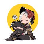  1boy 1girl 5unri5e666 bloodborne bonnet chibi closed_eyes dress eyelashes eyeshadow flower gloves half_mask hat hat_flower hunter_(bloodborne) lap_pillow makeup plain_doll poncho silver_hair sleeping tricorne 