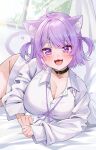  1girl :3 :d absurdres ahoge animal_ear_fluff animal_ears belt_collar black_collar blush breasts cat_ears cat_girl cat_tail cleavage collar fang heart highres hololive large_breasts looking_at_viewer naked_shirt neck_ribbon nekomata_okayu nekomata_okayu_(oversized_shirt) official_alternate_costume open_mouth purple_eyes purple_hair purple_ribbon ribbon shirt short_hair smile spoken_heart tail two_side_up virtual_youtuber white_shirt yuuyu_(moco20111115) 