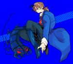  1boy blue_background blue_coat blue_footwear boots brown_eyes brown_hair coat e.g.o_(project_moon) facial_hair gregor_(project_moon) hcc1bai knees_up limbus_company long_sleeves looking_at_viewer low_ponytail medium_hair project_moon shock_centipede_(project_moon) simple_background solo stubble 