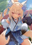  1girl :3 :d animal_ear_fluff animal_ears animal_hands belt black_collar blonde_hair blue_belt blue_hair blue_kimono blush breasts collar dog_ears dog_girl dog_paws dog_tail floral_print_kimono flower fuwawa_abyssgard fuwawa_abyssgard_(new_year) hair_flower hair_ornament highres holding_calligraphy_brush hololive hololive_english japanese_clothes kimono large_breasts long_hair multicolored_hair official_alternate_costume open_mouth pink_eyes ponytail short_kimono sleeveless sleeveless_kimono smile spiked_collar spikes streaked_hair tail virtual_youtuber yaki_no_yaki 